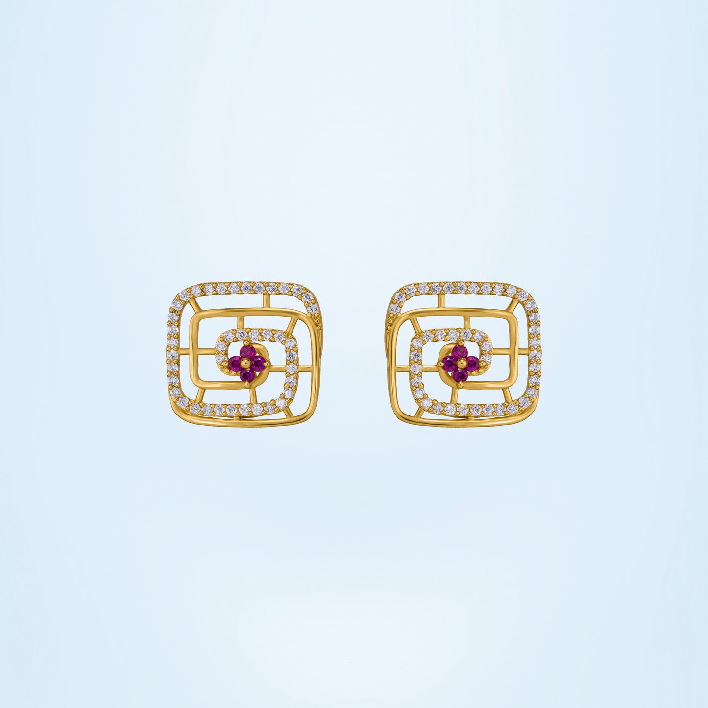 pair of golden earrings with ruby and diamonds