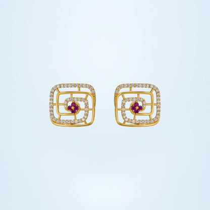 Pair of Golden Earrings with Ruby and Diamonds