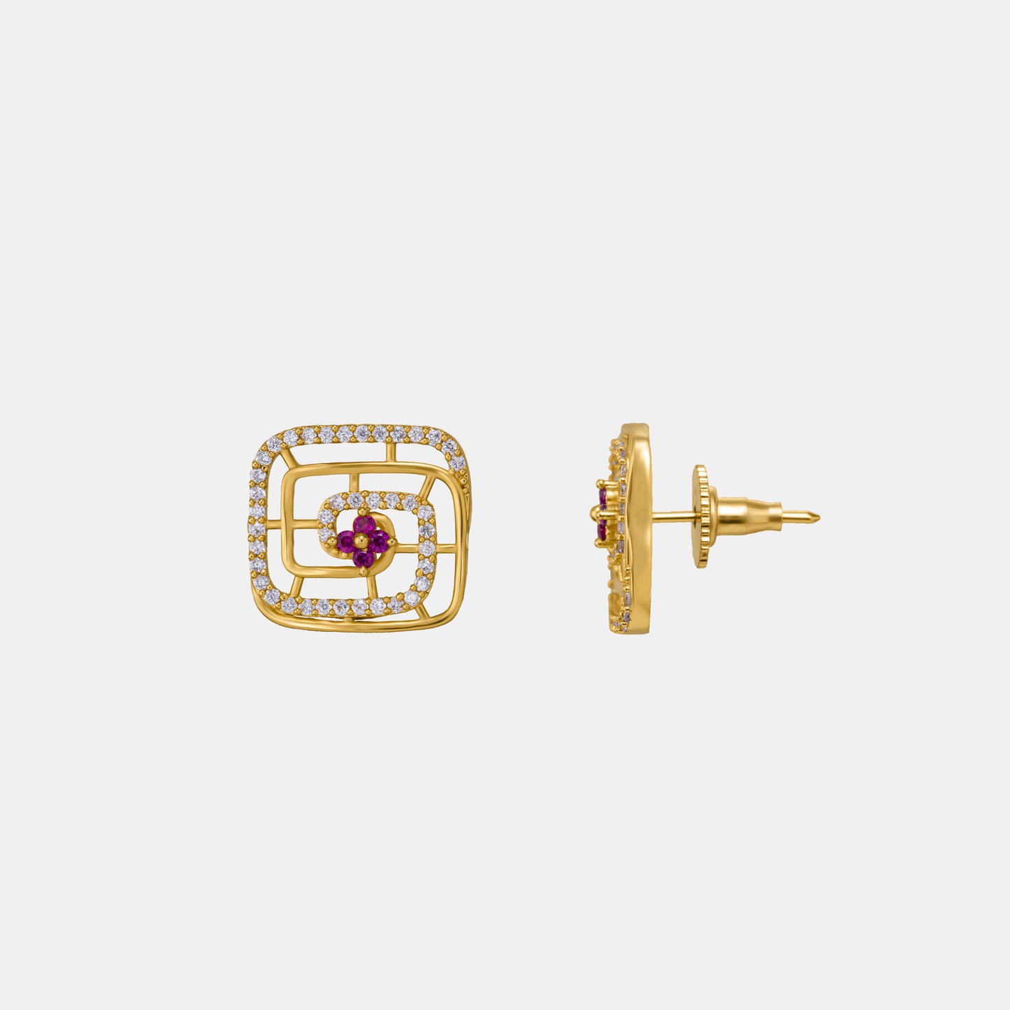 pair of golden earrings with ruby and diamonds