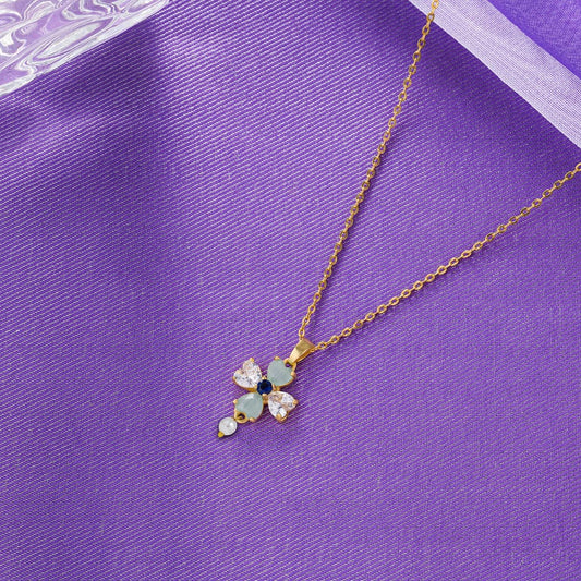 Golden Necklace with a Blue Stone and a Diamond