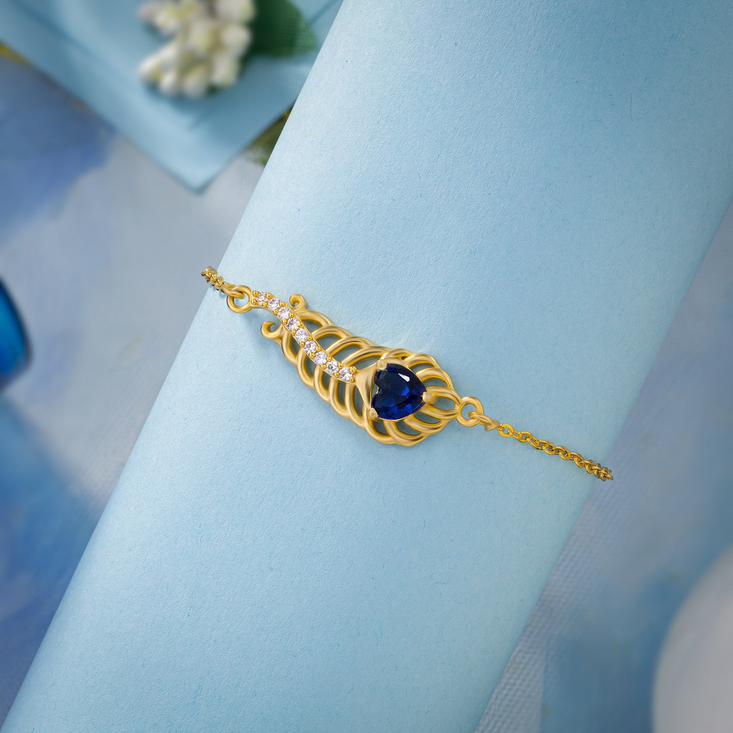 blue peacock feather golden bracelet