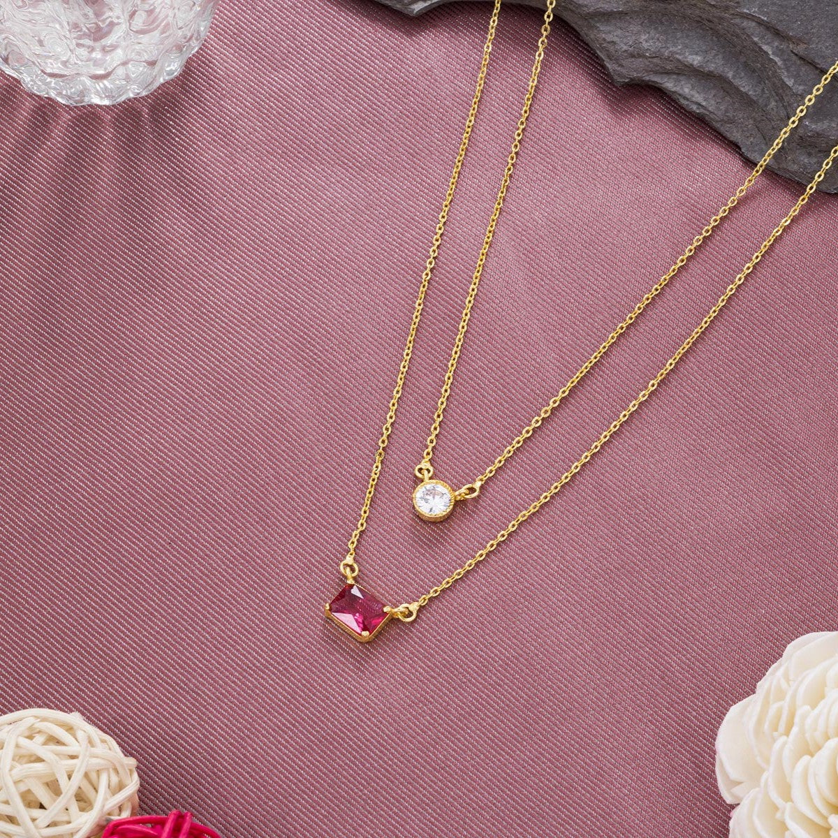 dual layered golden chain necklace with stone