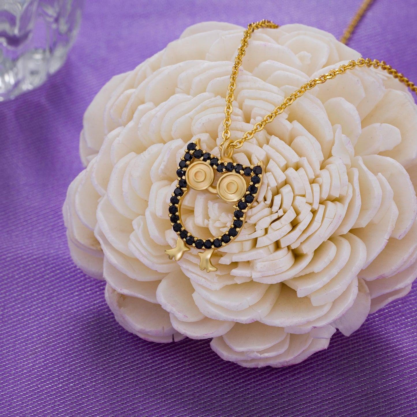 golden necklace with a black and white owl