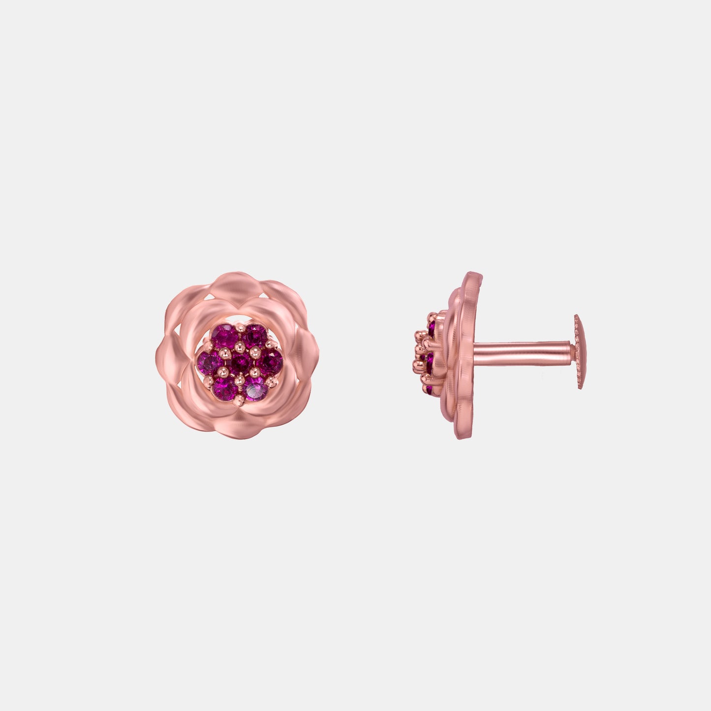 rose gold flower stud earrings with red diamonds