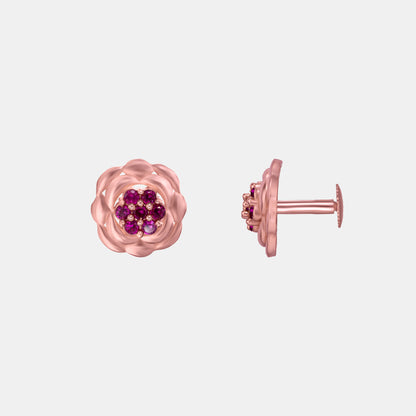 Rose Gold Flower Stud Earrings with Red Diamonds