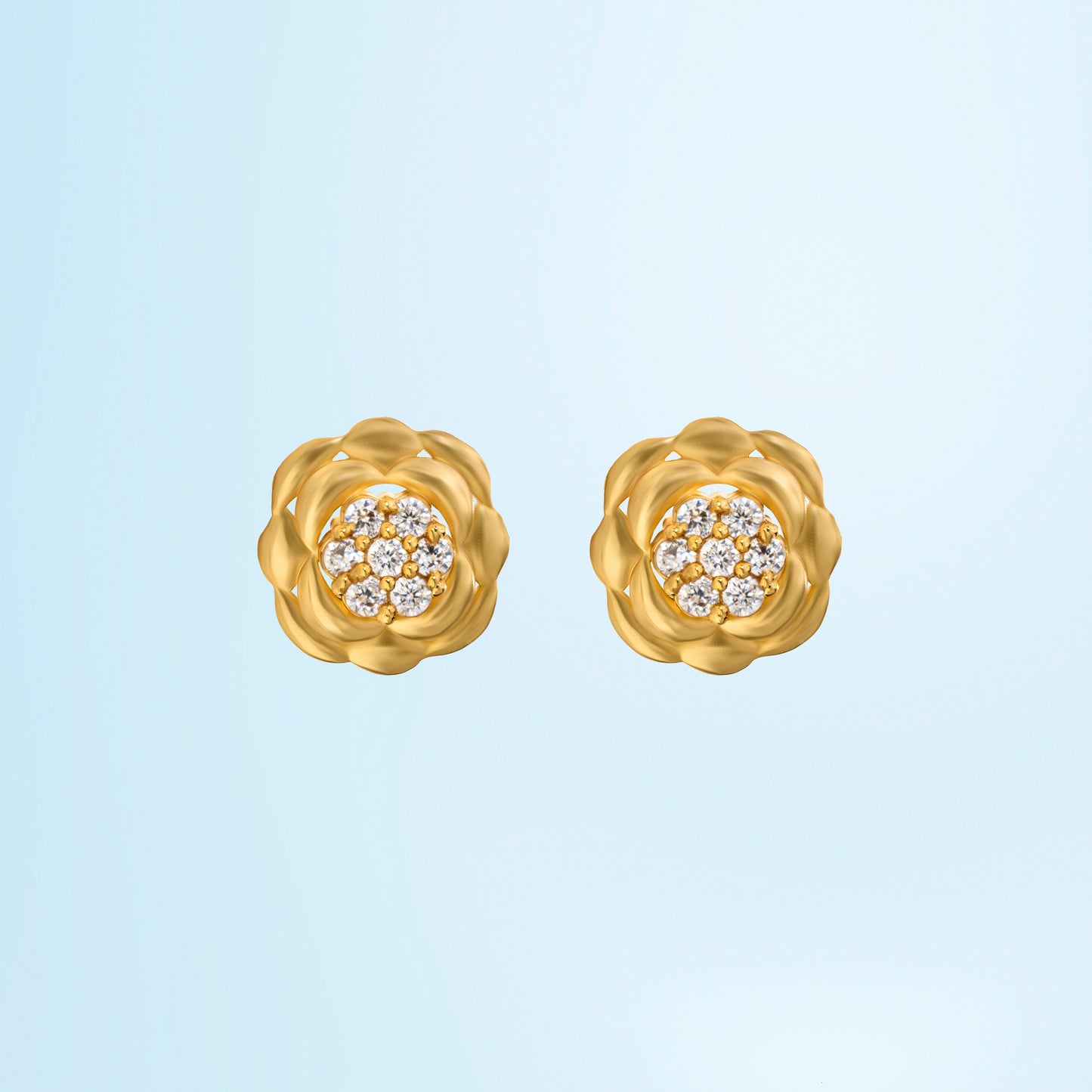 golden flower stud earrings with white diamonds