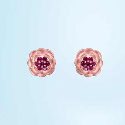 Rose Gold Flower Stud Earrings with Red Diamonds