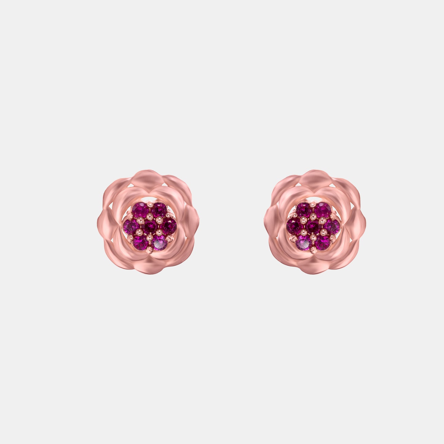 rose gold flower stud earrings with red diamonds