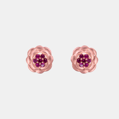 Rose Gold Flower Stud Earrings with Red Diamonds