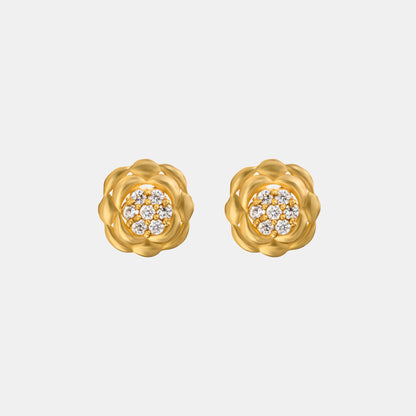 Golden Flower Stud Earrings with White Diamonds