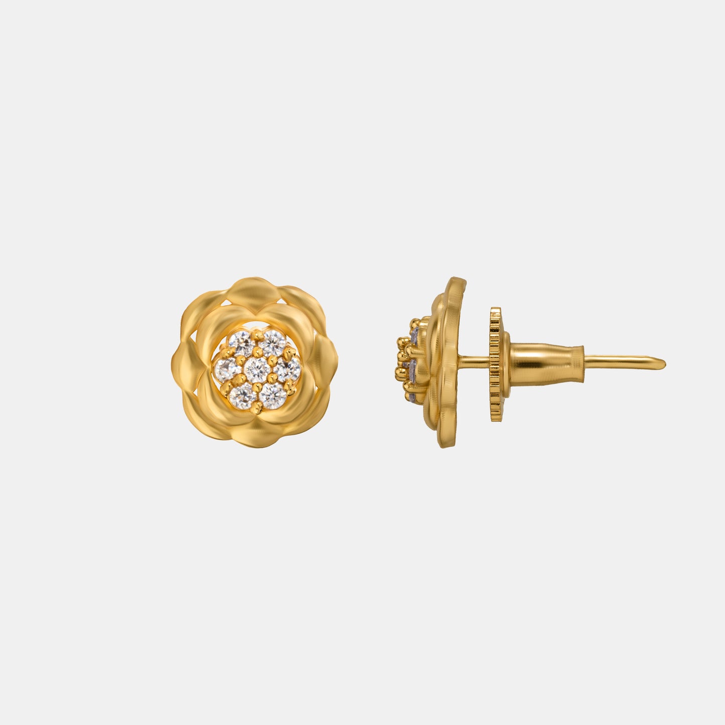 golden flower stud earrings with white diamonds