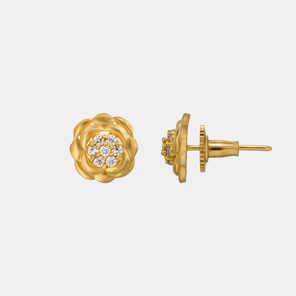 Golden Flower Stud Earrings with White Diamonds