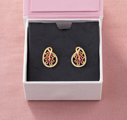 Pair of Golden Earrings with Ruby and Diamonds