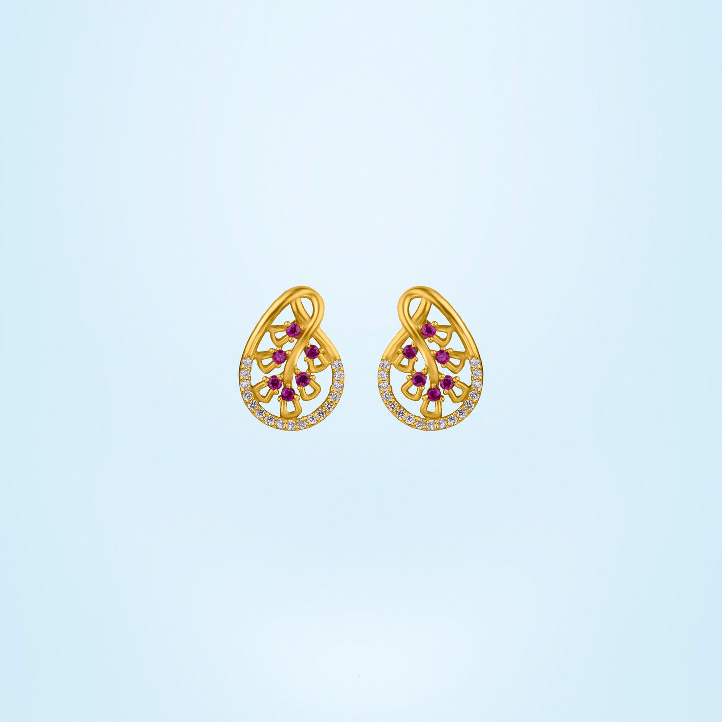 pair of golden earrings with ruby and diamonds