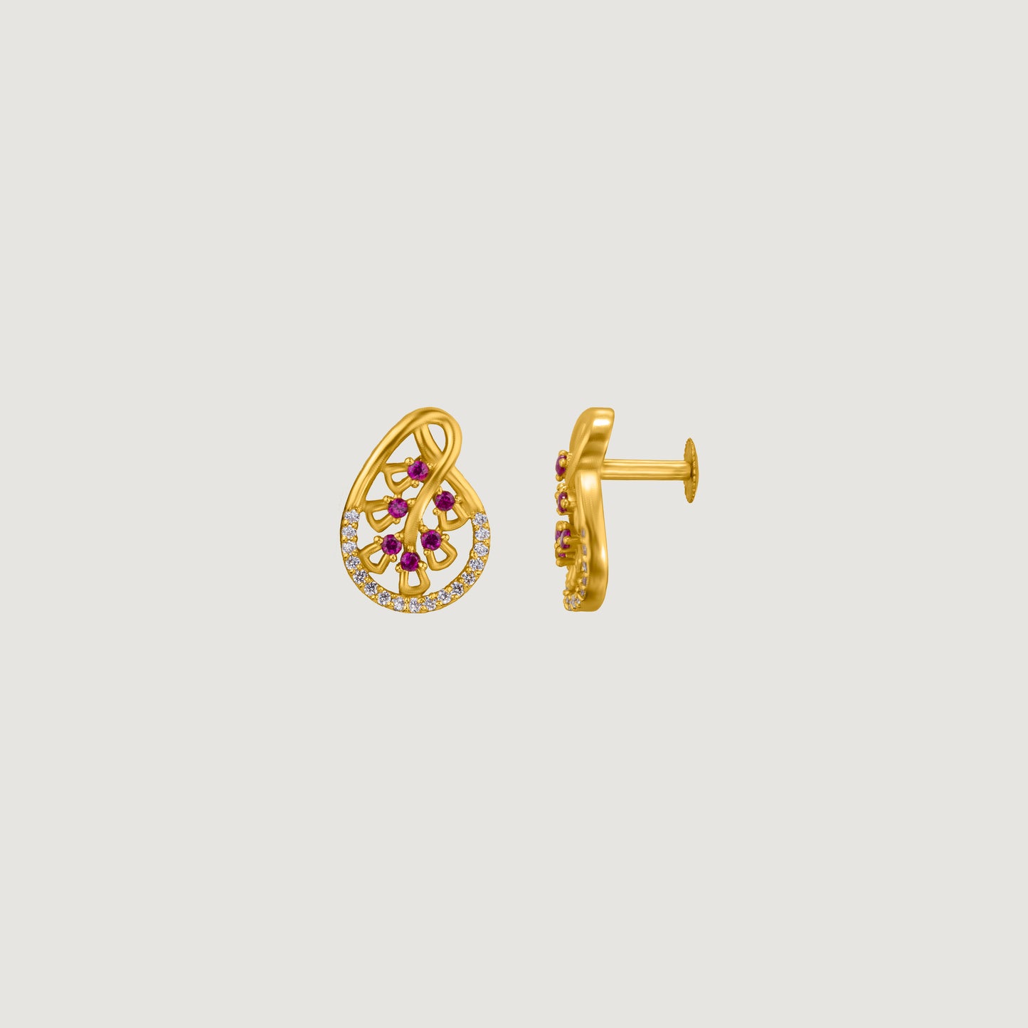 pair of golden earrings with ruby and diamonds