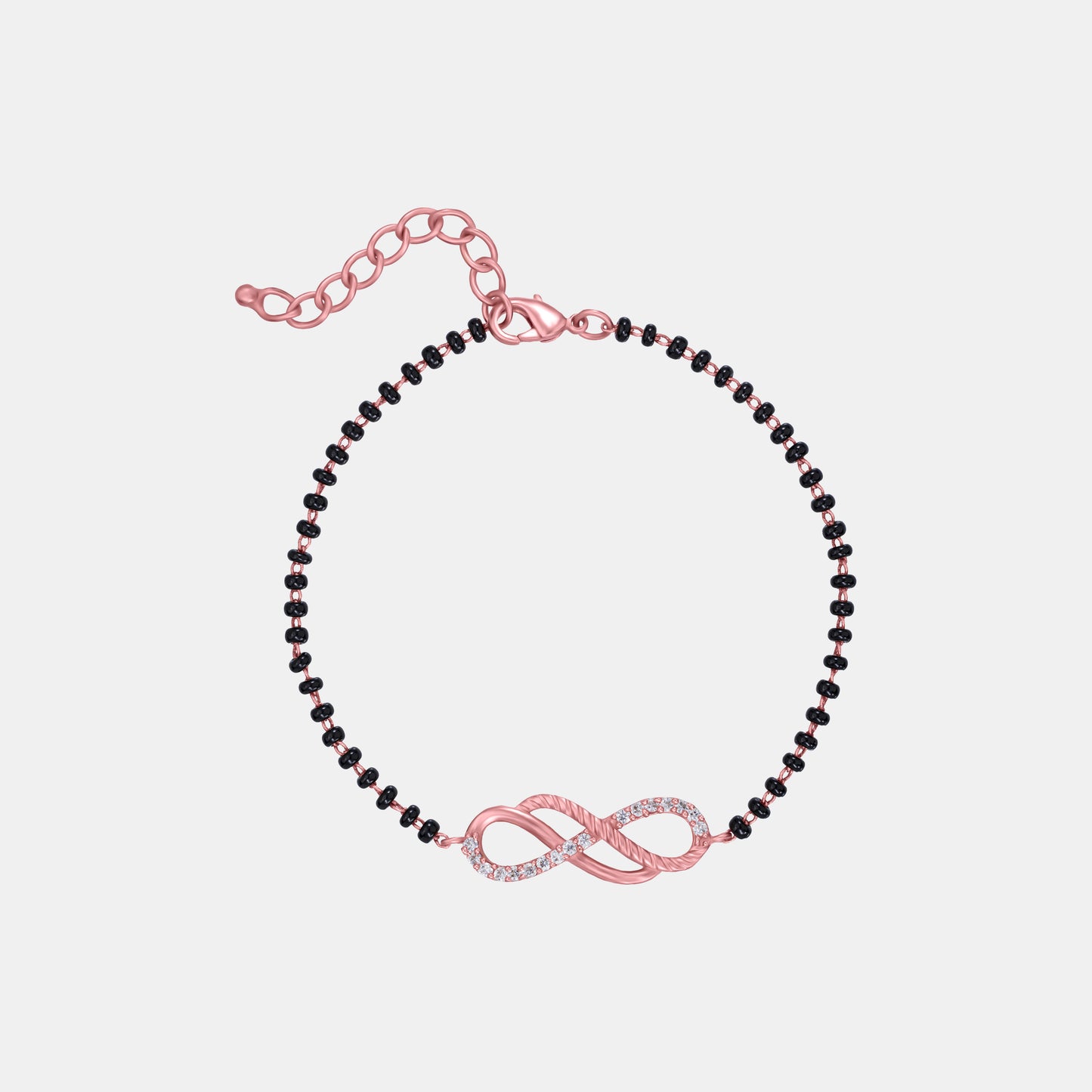 bracelet with a rose gold ribbon and black beads