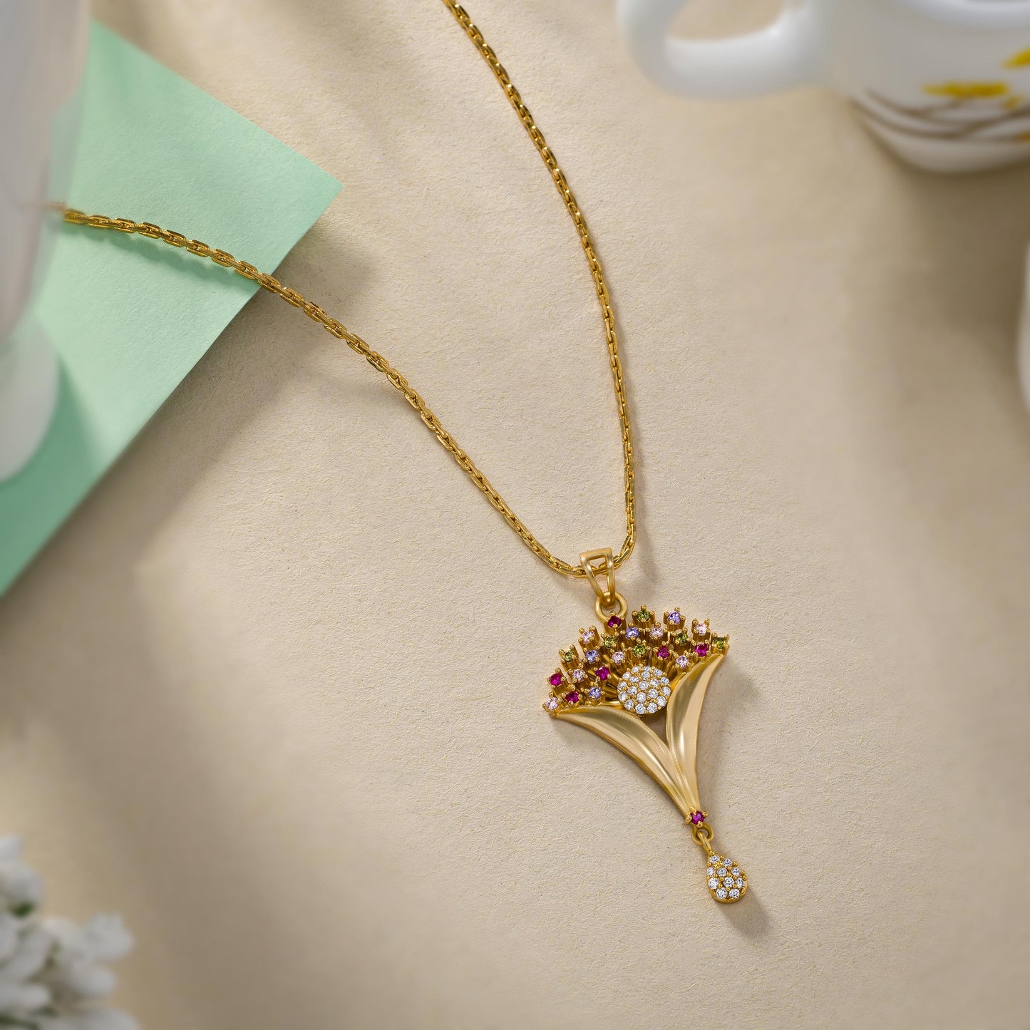 golden necklace with intricate flower design