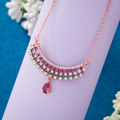 Rose Gold Necklace with a White Stone and Green and Pink Stones