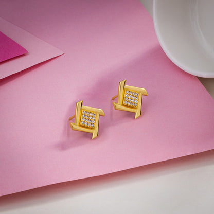 Golden White Diamond Square Stud Earrings