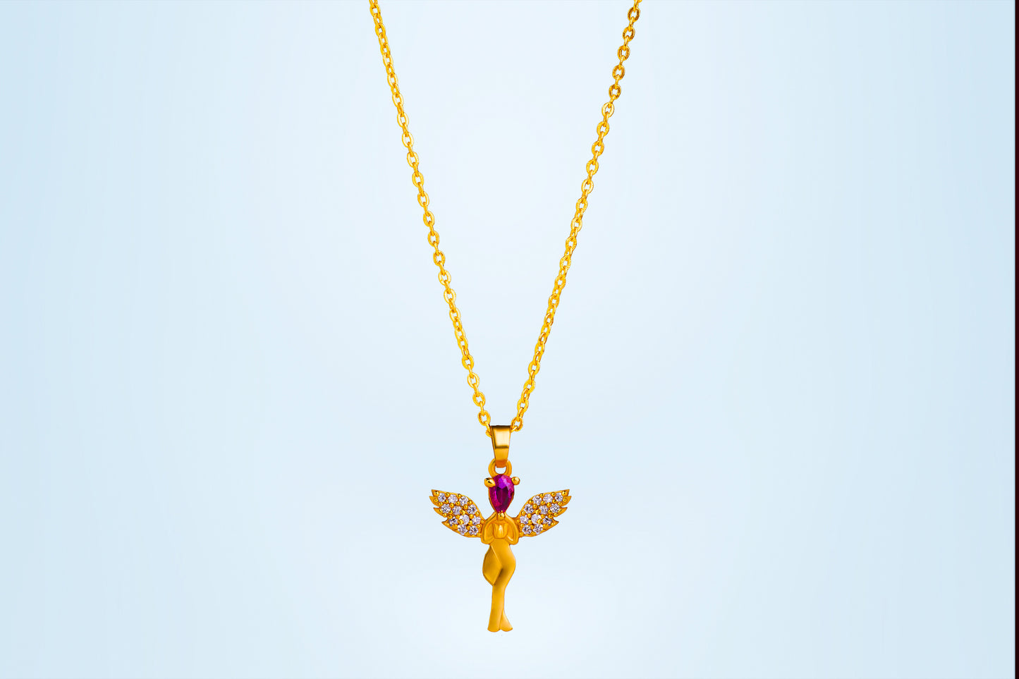 golden necklace with a purple stone angel