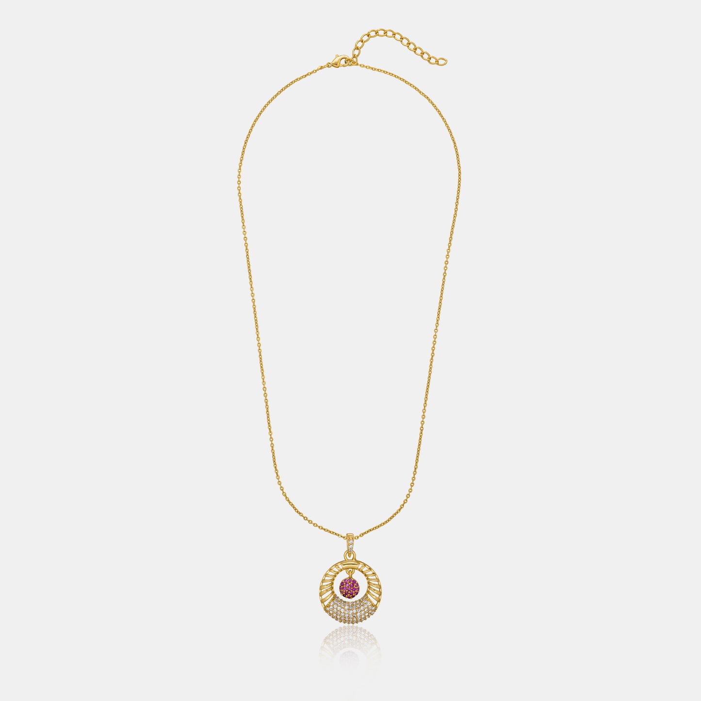 golden necklace with a pink stone and a diamond pendant