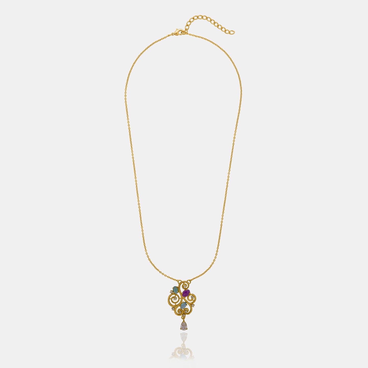 golden necklace with a purple stone and a white diamond