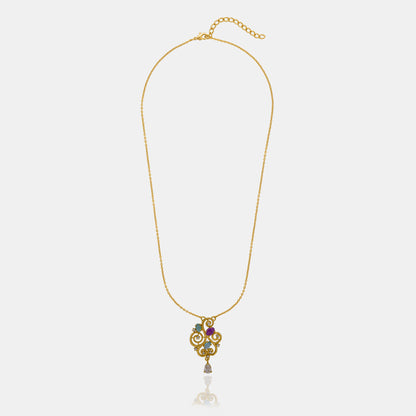 Golden Necklace with a Purple Stone and a White Diamond