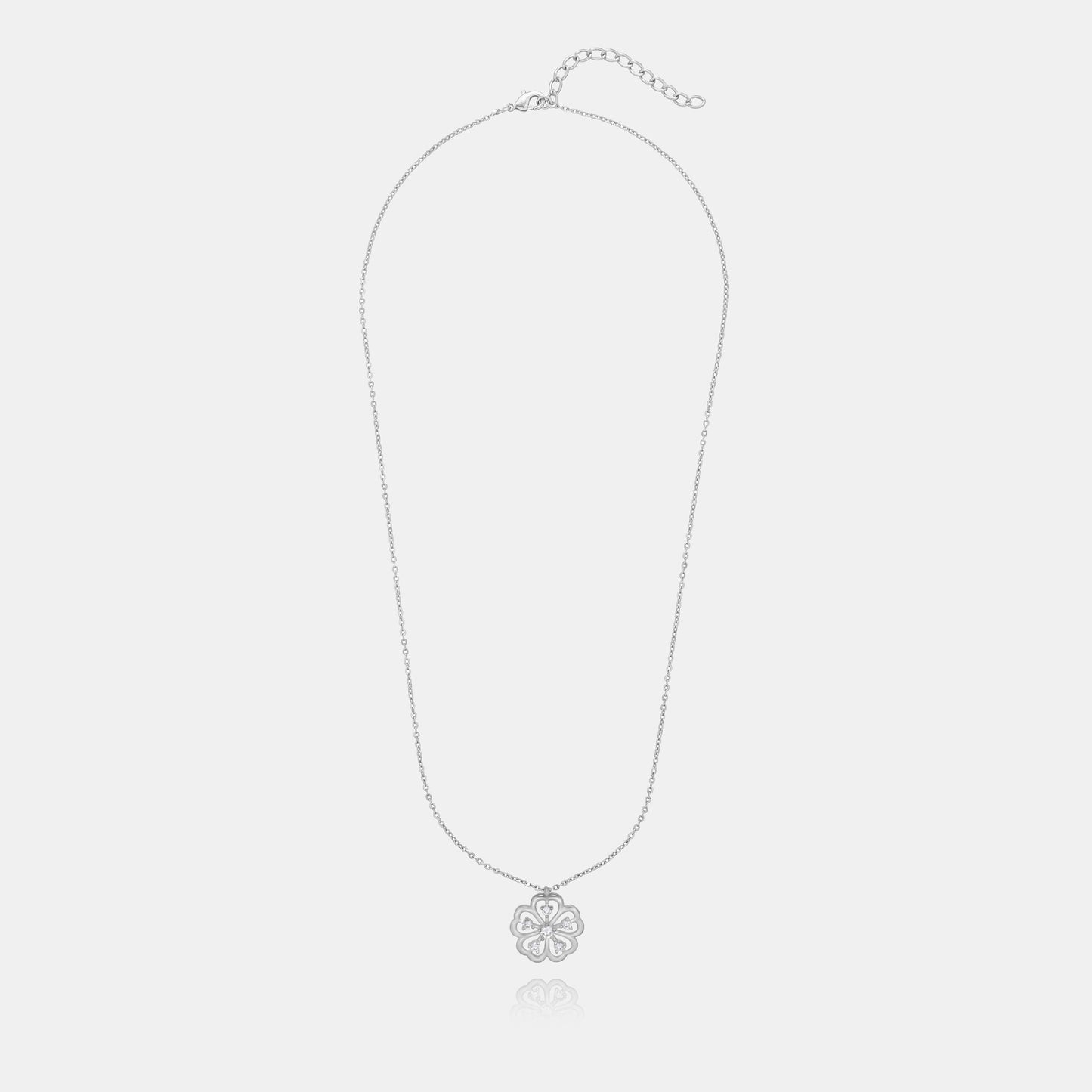 silver necklace with a clover design