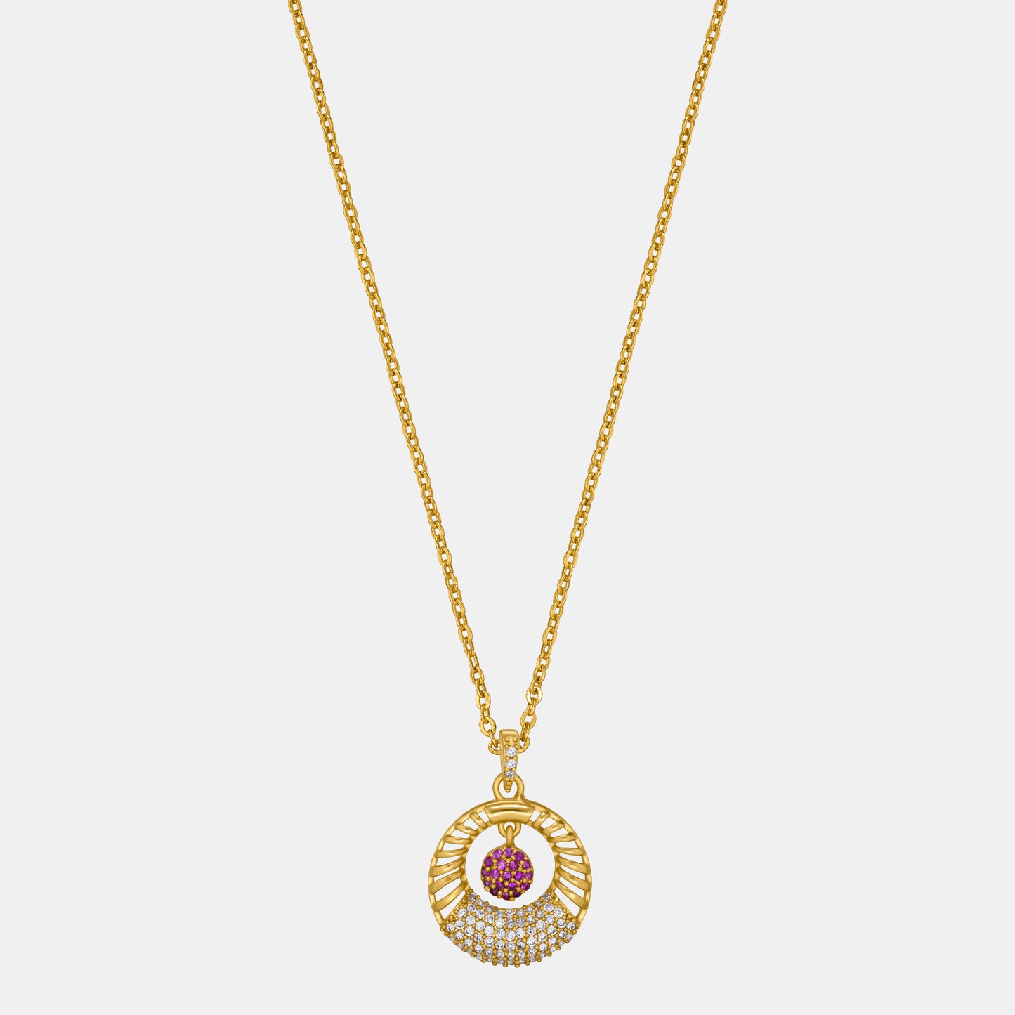 golden necklace with a pink stone and a diamond pendant