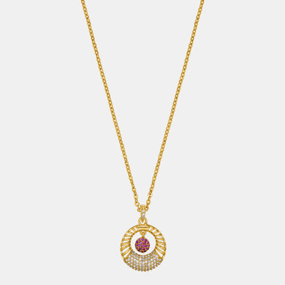 Golden Necklace with a Pink Stone and a Diamond Pendant