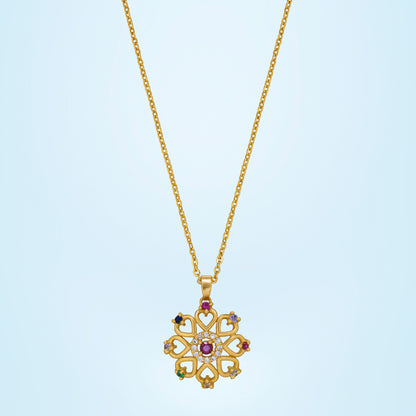 Golden Necklace with a Flower Design and Multi Colored Stones