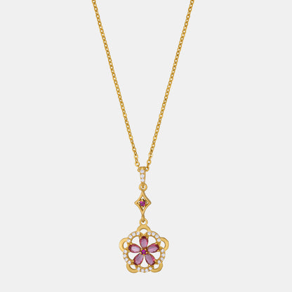 Golden Necklace Adorned with a Striking Red Flower Pendant