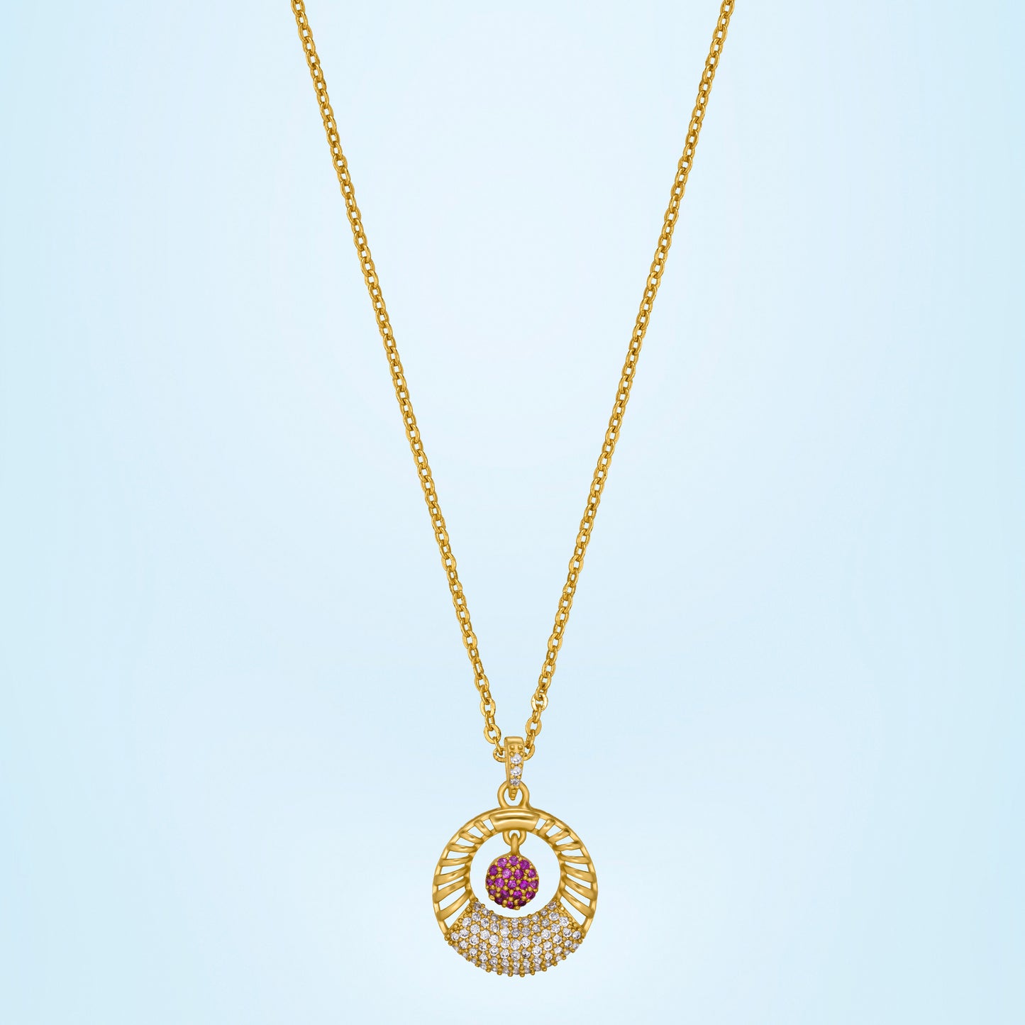 golden necklace with a pink stone and a diamond pendant