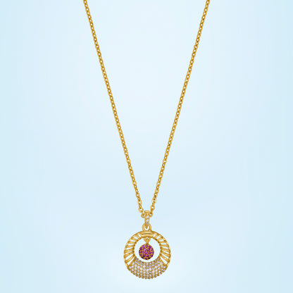 Golden Necklace with a Pink Stone and a Diamond Pendant