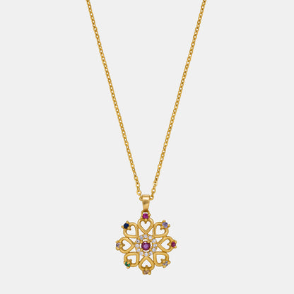 Golden Necklace with a Flower Design and Multi Colored Stones