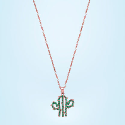 Green and Rose Gold Necklace with a Cactus Charm