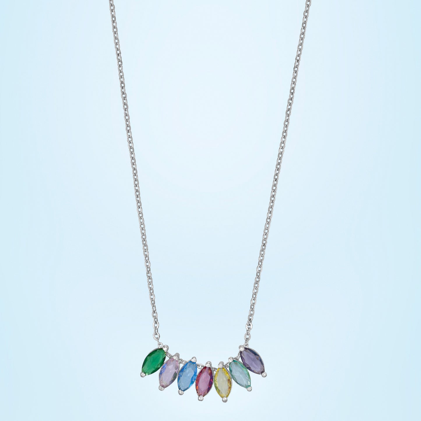 silver necklace with colorful stones