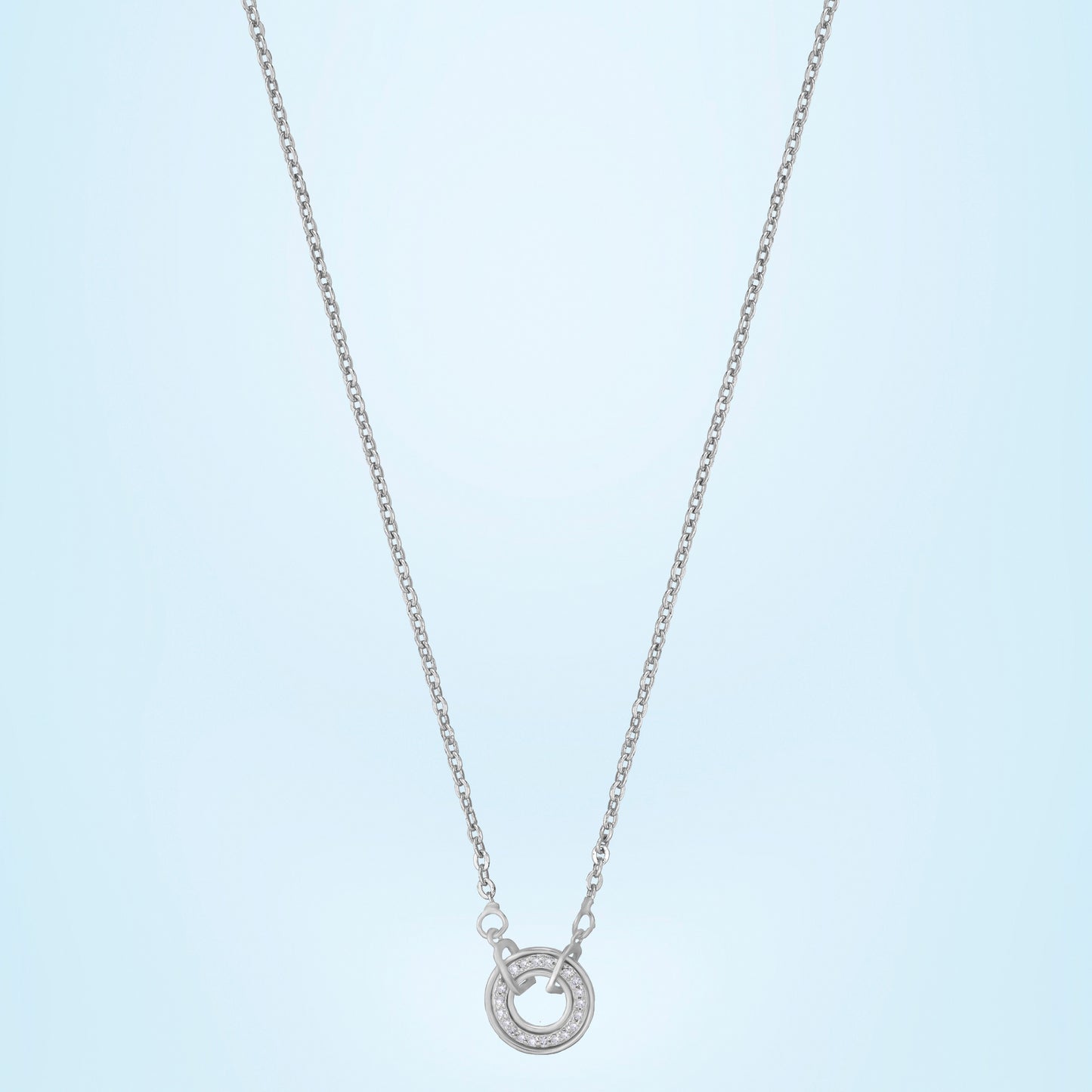 silver necklace with a diamond circle