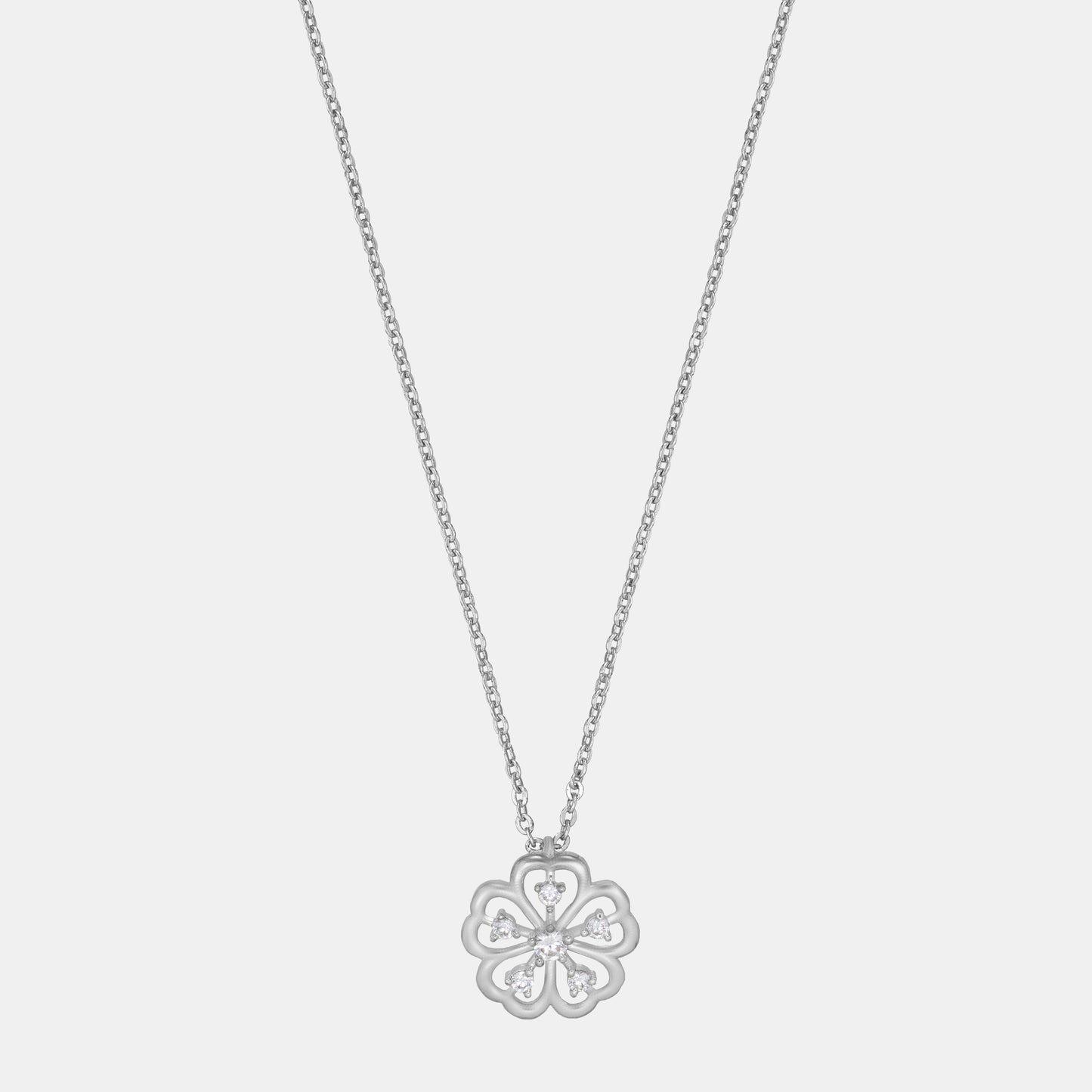 silver necklace with a clover design