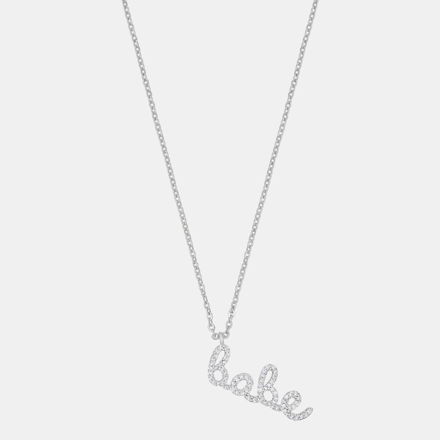 silver necklace with the word love on it