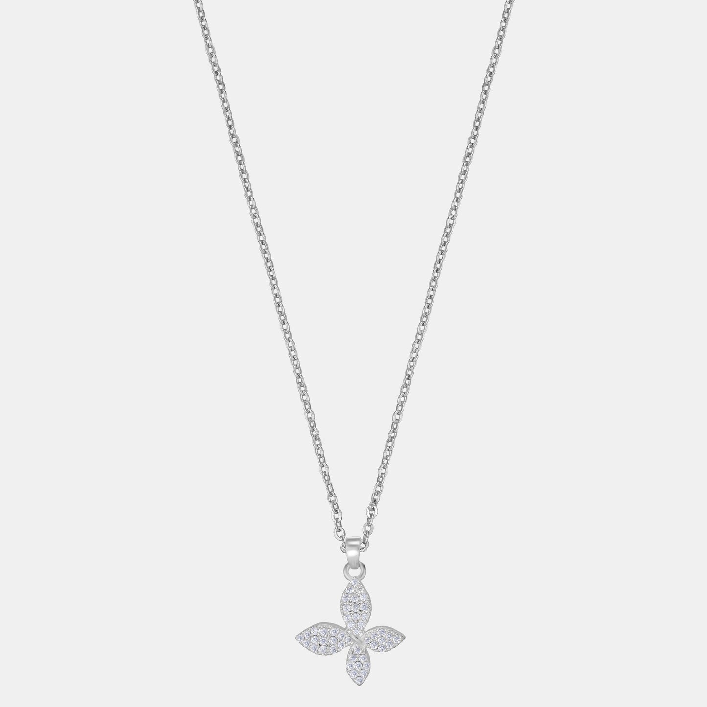 silver necklace with a diamond butterfly pendant