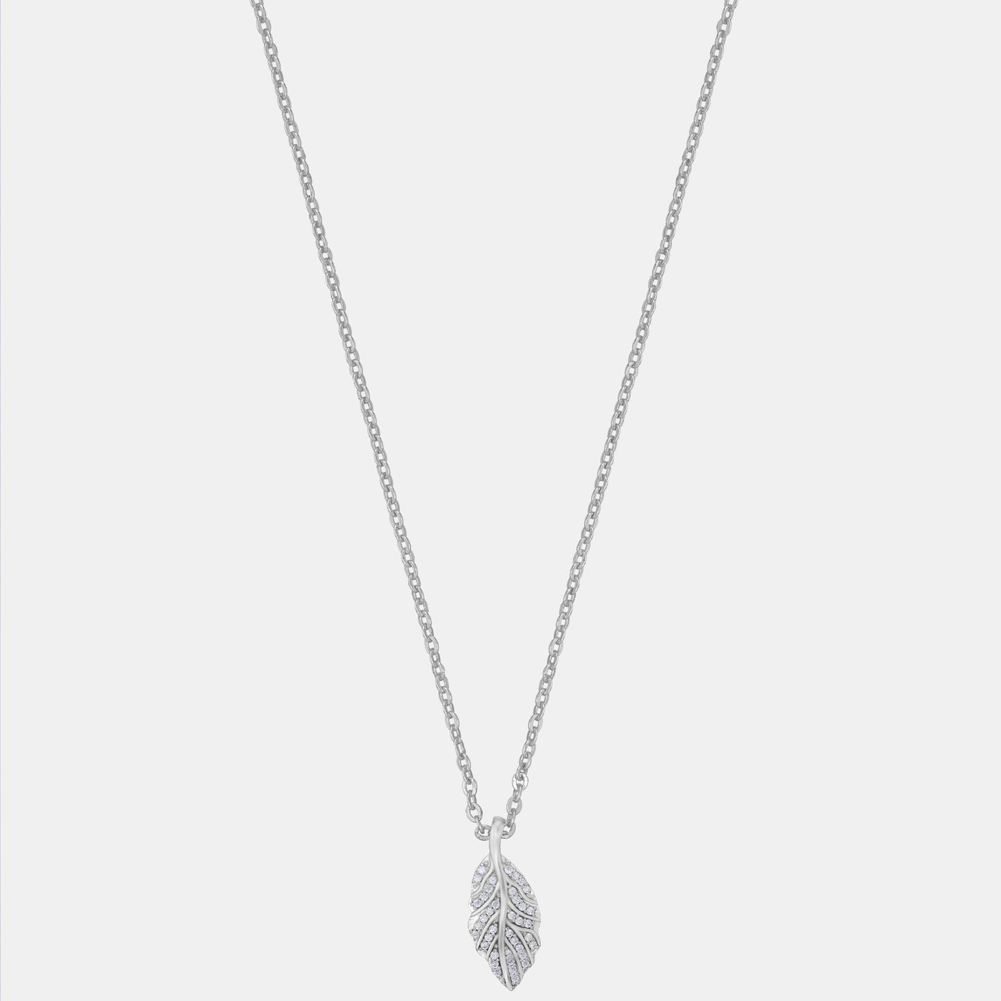 silver necklace with a diamond leaf pendant